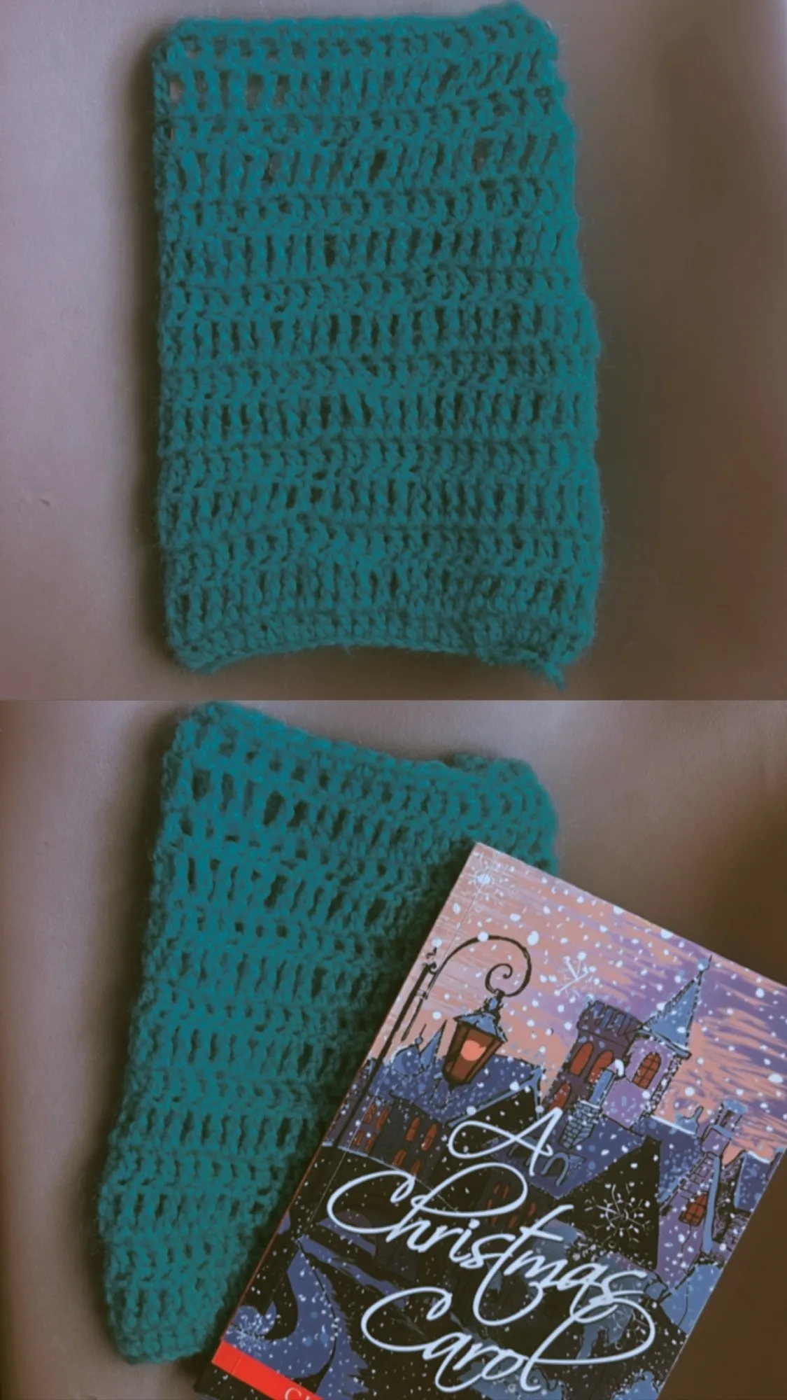 A teal crochet book sleeve with an open weave, holding a small book