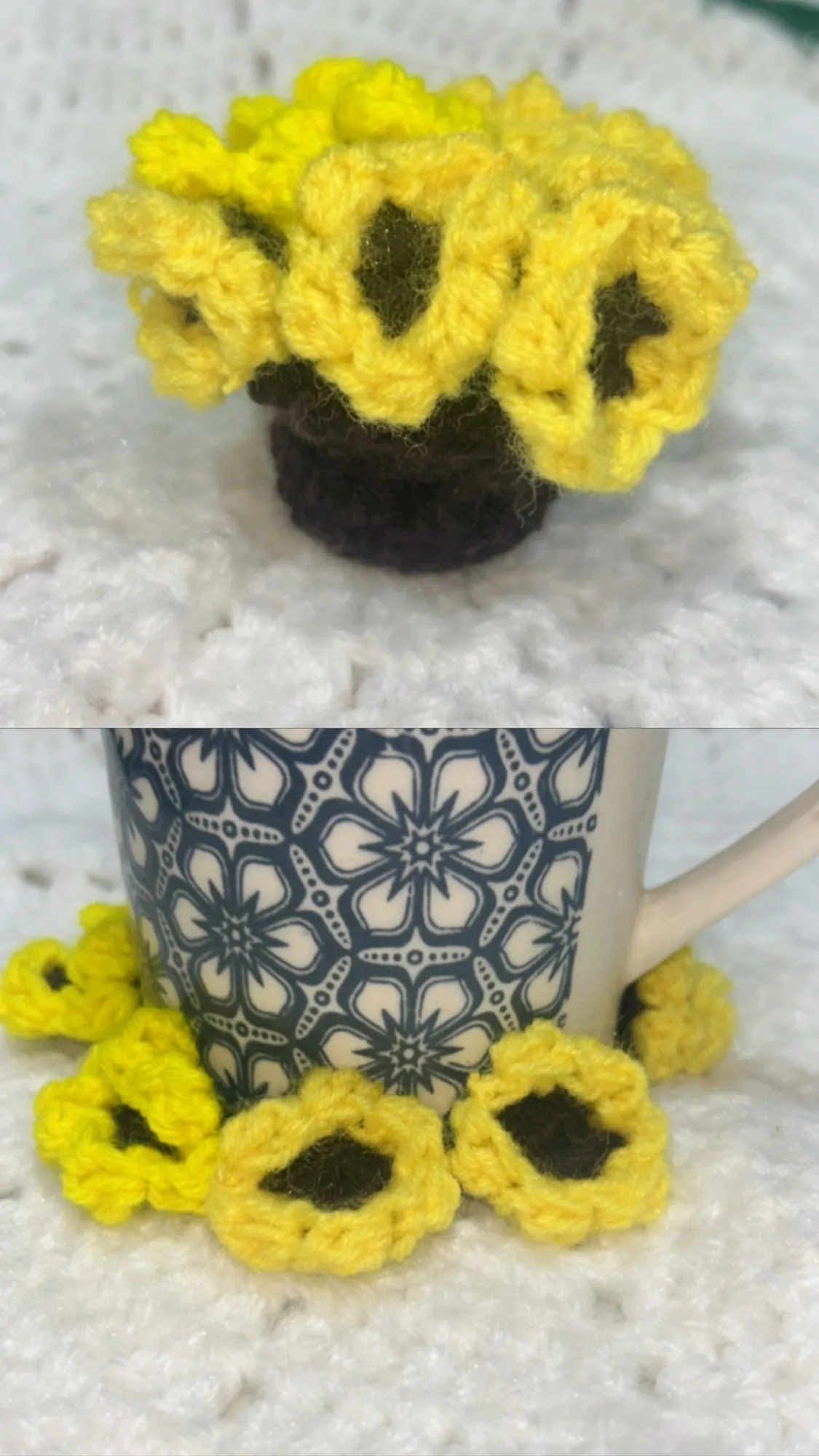 A crochet sunflower cup coaster cradling a mug
